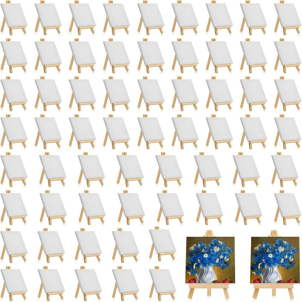 64 Pack 3 X 3 Inch Mini Canvases With Easel Sets For Painting Small Art Stretche